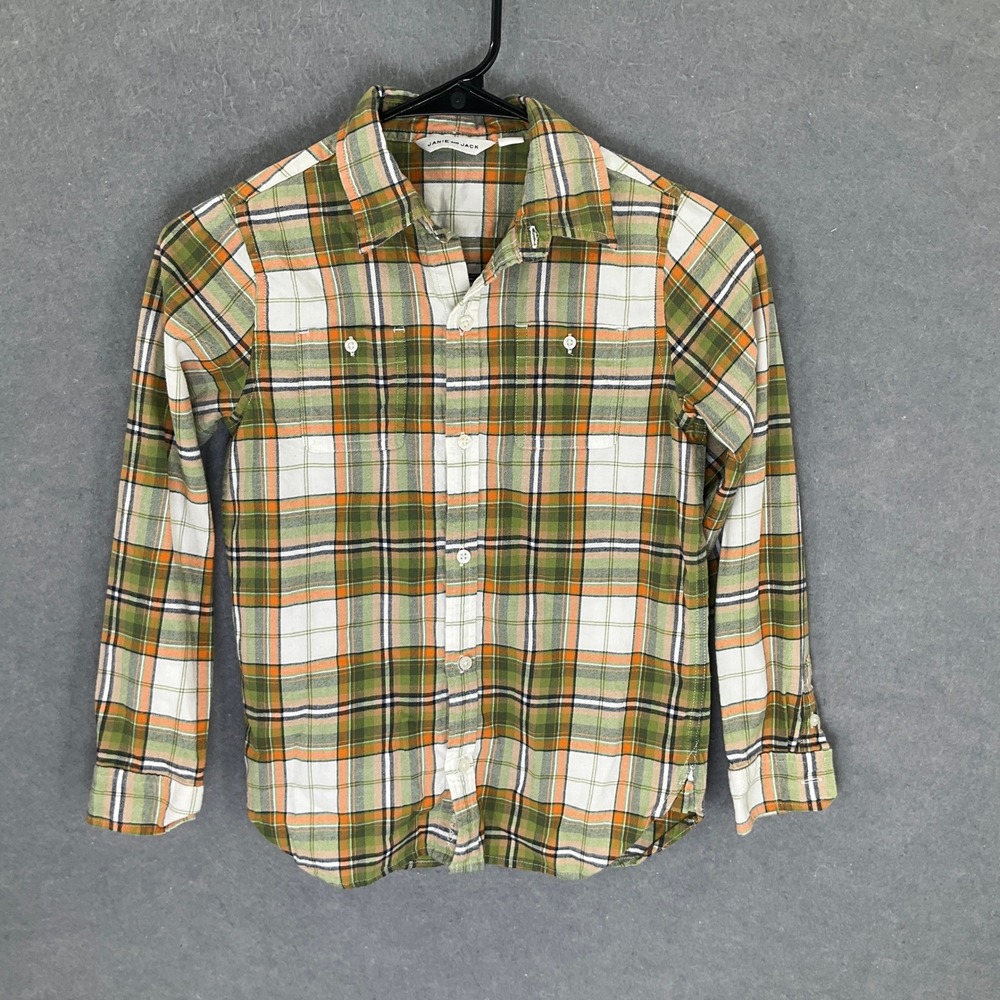 Janie and Jack Kids‎ Plaid Button Down Long Sleeve Shirt Size 8 Green Orange